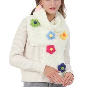 Fadivo floral pom oblong Scarf boho ivory shaw flowers NWOT girly